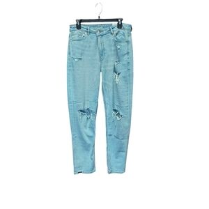 American Eagle Light Wash Denim Stretch Distressed High Rise Mom Jeans Size 14